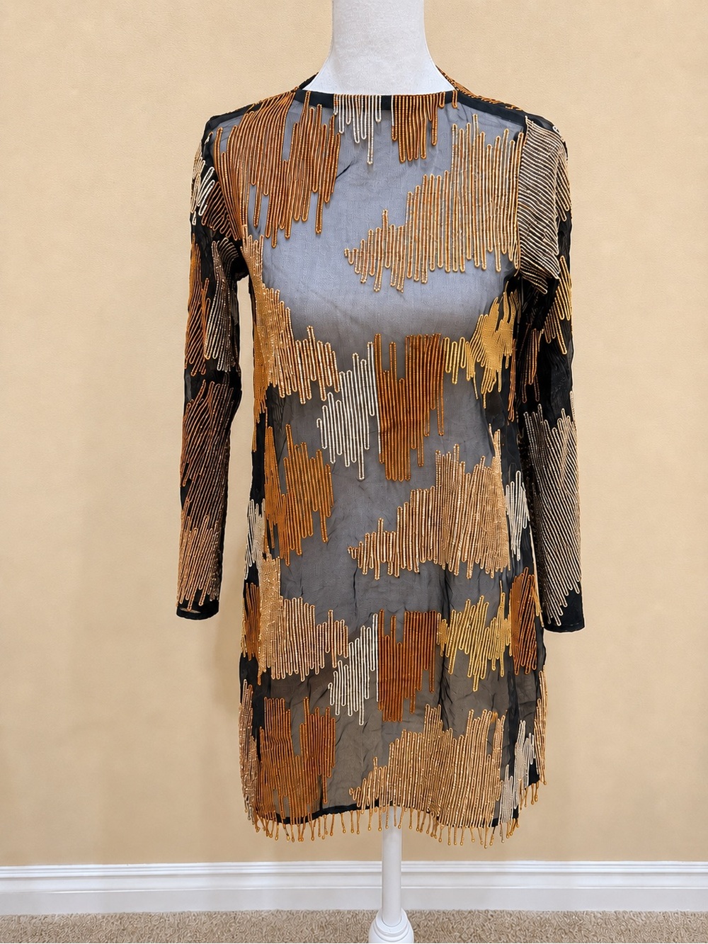 Cross Stitch 100% Organza Silk Sheer Beaded Tunic Top XXS Black Bronze